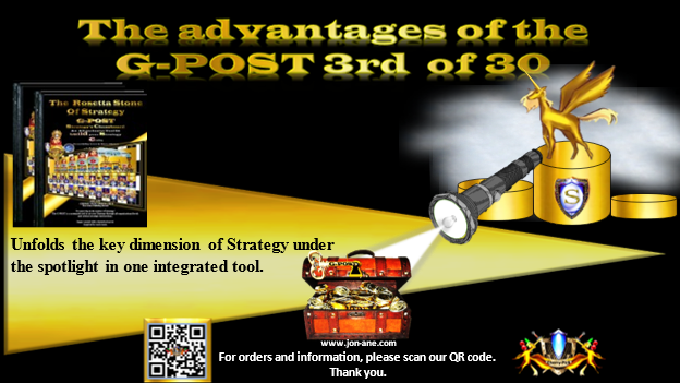 G-POST STRATEGY TOOL – strategy – The advantages of the G-POST 3rd of 30 -Unfolds the key dimension of Strategy under the spotlight in one integrated tool. Jon Ane, The Rosetta Stone of Strategy