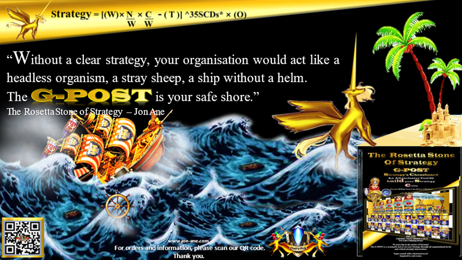 G-POST STRATEGY TOOL – strategy – “Without a clear strategy, your organisation would act like a headless organism, a stray sheep, a ship without a helm. The G-POST is your safe shore.” Jon Ane, The Rosetta Stone of Strategy.
