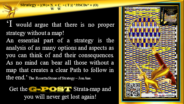G-POST STRATEGY TOOL – strategy – ‘I would argue that there is no proper strategy without a map! An essential part of a strategy is the analysis of as many options and aspects as you can think of and their consequences. As no mind can bear all those without a map that creates a clear Path to follow in the end.’ Jon Ane, The Rosetta Stone of Strategy.
Get the G-POST Strata-map, and you will never get lost again!