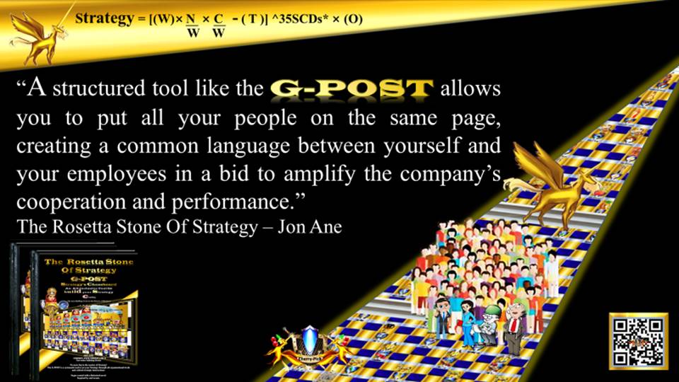 G-POST STRATEGY TOOL – strategy – “A structured tool like the G-POST allows you to put all your people on the same page, creating a common language between yourself and your employees in a bid to amplify the company’s cooperation and performance.” Jon Ane, The Rosetta Stone of Strategy.