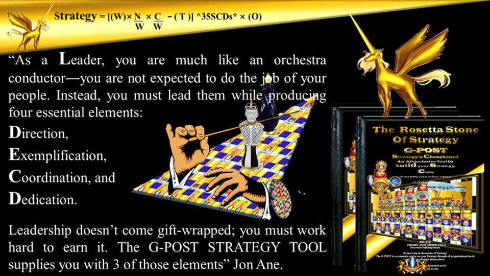 G-POST STRATEGY TOOL – strategy – “As a Leader, you are much like an orchestra conductor―you are not expected to do the job of your people. Instead, you must lead them while producing four essential elements: Direction, Exemplification, Coordination, and Dedication.
Leadership doesn’t come gift-wrapped; you must work hard to earn it. The G-POST STRATEGY TOOL supplies you with three of those elements” Jon Ane, The Rosetta Stone of Strategy.