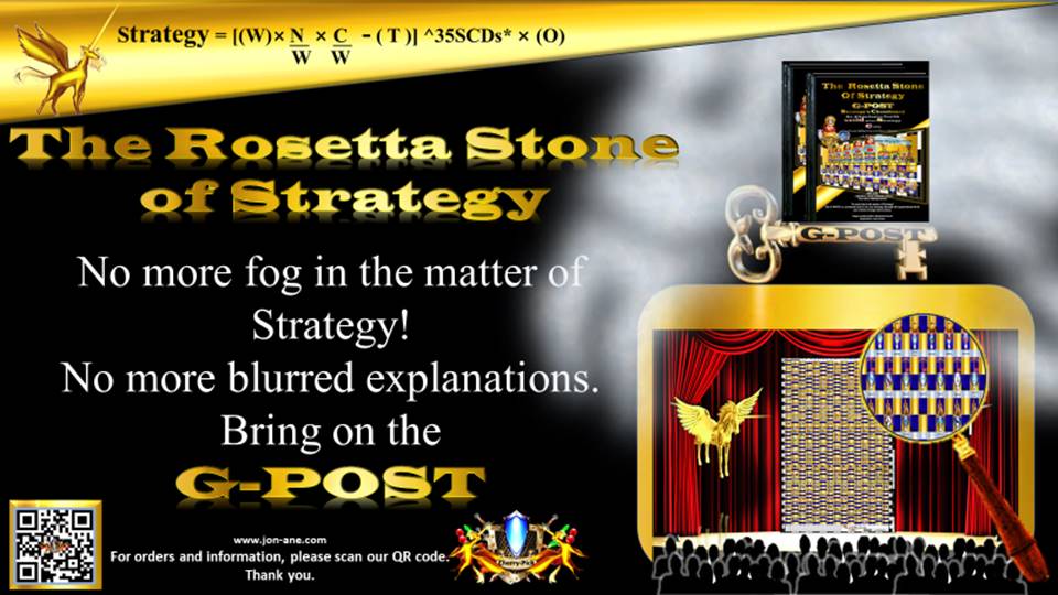 G-POST STRATEGY TOOL – strategy – No more fog in the matter of Strategy!
No more blurred explanations.
Bring on the G-POST. Jon Ane, The Rosetta Stone of Strategy.