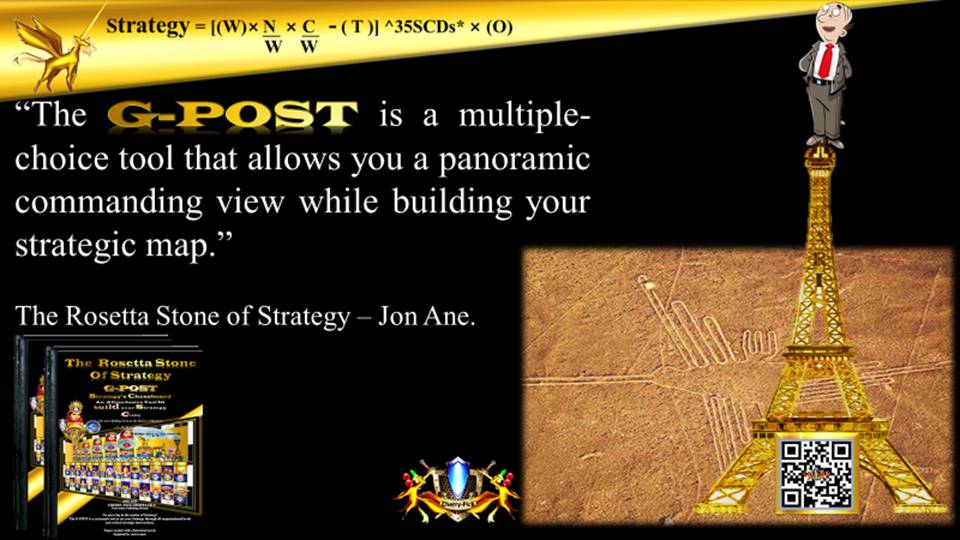 G-POST STRATEGY TOOL – strategy – “The G-POST is a multiple-choice tool that allows you a panoramic commanding view while building your strategic map.” Jon Ane, The Rosetta Stone of Strategy.